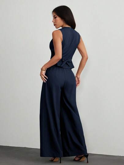 SHEIN PETITE Elegante Damenanzüge für den Alltag: Marineblaues ärmelloses Palazzo-Top, elegante marineblaue Palazzo-Hose, elegantes marineblaues Kleid, marineblauer Jumpsuit, dunkelblaues Kleid, formelle Jumpsuits für Damen.