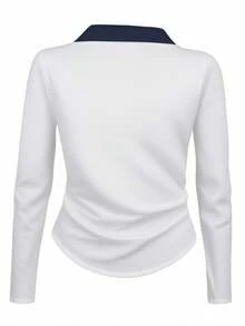 INAWLY Camiseta casual de manga larga para mujer con cuello, estampado y color contrastante, ajustada y con pliegues sexy - azul real - Ver 2