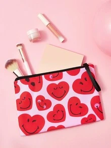 SmileyWorld® | SHEIN 1件裝卡通圖案印花輕量化化妝包，適合收納化妝品、文具、日常用品、數位產品，非常適合通勤、上學、旅行，適合男士、女士、學生，愛心款 - 紅色 - 查看 3