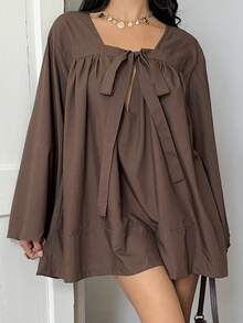 Sunnyshic 女士秋冬度假休闲竹节针织镂空系带褶饰喇叭长袖迷你连衣裙 - 棕色 - 查看 3