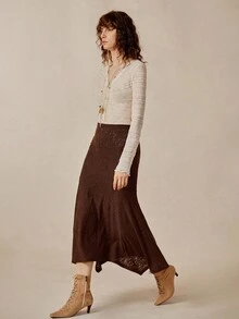 Florisole Women's Elastic Waist Asymmetric Hem Elegant Skirt - Brown - View 6