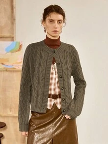 Florisole كارديجان نسائي كاجوال أحادي الصدر بتصميم حبل مجدول، طويل الأكمام، للخريف/الشتاء - أخضر عسكري - مشاهدة 3