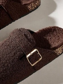 Solecia 女士搭扣设计圆头毛绒拖鞋，圣诞节必备 - 咖啡棕 - 查看 5