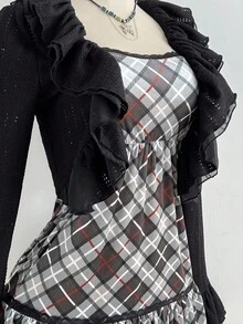 SHEIN Unity 女士时尚天鹅绒拼接蕾丝吊带裙，适合休闲、派对、日常穿着、秋冬季，搭配女士长袖层叠荷叶边拼接衬衫 - 彩色 - 查看 4