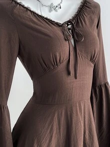 SHEIN Unity 女式时尚纯色喇叭袖蕾丝边迷你连衣裙 - 棕色 - 查看 5