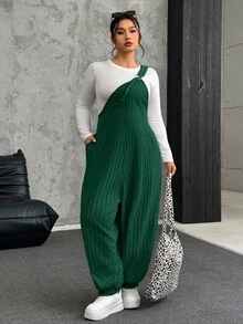 SHEIN EZwear Plus Size Grey Elastic Fleece Ribbed Bib Pants, Autumn/Winter - Dark Green - View 6