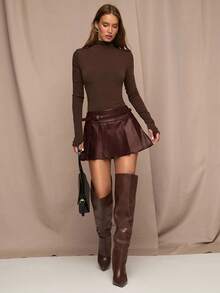 SHEIN BAE Women's Solid Color Waist Buckle Design Pleated PU Leather Fashion Mini Skirt,Brown Skirt - Chocolate Brown - View 6