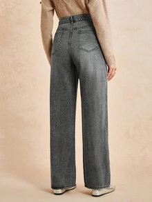 Écloséra 女款寬鬆休閒牛仔褲，帶側口袋與寬腿設計 - 淺灰色 - 查看 2