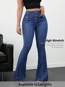 SHEIN PETITE CURVE 大码女式纽扣前袋喇叭裤休闲牛仔裤，夏季秋季返校季可爱2000年代风格卡哇伊Y2K机场休闲老钱图卢姆教师复古蓝色牛仔裤 - 中等水洗藍 - 查看 1