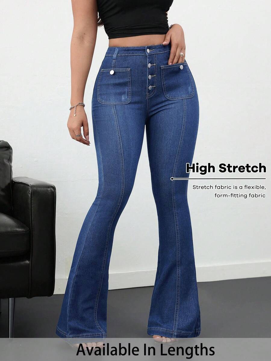 SHEIN PETITE CURVE 大码女式纽扣前袋喇叭裤休闲牛仔裤，夏季秋季返校季可爱2000年代风格卡哇伊Y2K机场休闲老钱图卢姆教师复古蓝色牛仔裤 - 中等水洗藍 - 查看 1