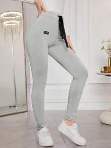 Modelyn Casual Simple Letter Printed Drawstring Waist Leggings Fall Cloth For Women - Grey - View 3