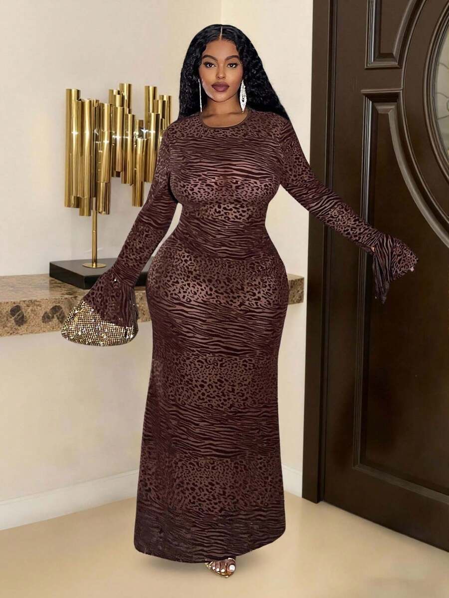 Veslaya فستان ماكسي طويل بأكمام واسعة وطبعات حيوانية بنية، طراز كلاسيكي رومانسي أنيق وكلاسيكي للنساء، مناسب للارتداء في المكتب، اليومي، المواعيد، الخروج، الحفلات، مقاسات كبيرة