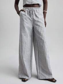 Ontre 2 件套女士亚麻混纺条纹无袖上衣休闲裤套装，灰色，度假风格，2025 年新款，适合日常穿着和商务休闲 - 灰色 - 查看 7