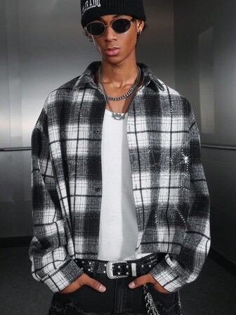 Street Life قميص رجالي مزين بالراين ستون بنمط المربعات، للخريف والشتاء