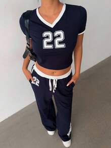 Aloruh Women's Casual Daily T-Shirt With Blue & White Contrast Numeric Print, Back To School - Navy Blue - View 6