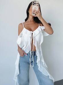 Firerie Women's Bohemian Chic Music Festival Sexy Beach Vacation Sheer Ruffle V-Neck Maxi Camisole Top - White - View 6