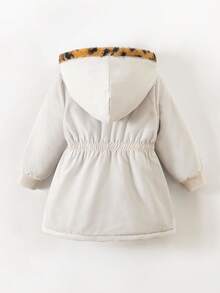 SHEIN 女婴新生儿0-3岁保暖双面连帽仿毛皮法兰绒豹纹/纯黑色中长外套，秋冬季 - 彩色 - 查看 2