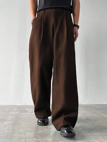 Claim Dot 男士厚阔腿裤，纯色，有口袋，褶皱，宽松，秋季 - 咖啡棕 - 查看 5