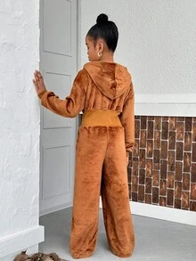 Áo nỉ thể thao có mũ trùm đầu màu đen có khóa kéo thường ngày cho bé gái và áo liền quần cạp cao chải kỹ, phù hợp mặc thường ngày vào mùa thu/đông - màu nâu - Xem 2