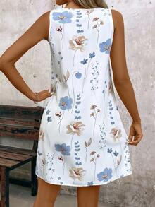 Breezaya 女士V領無袖花卉印花夏季連衣裙（隨機裁切花朵） - 白色 - 查看 2