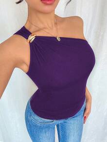 Rafferiza Women's Black Sexy Metallic Pleated Sleeveless Top - Purple - View 5