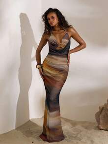 Opulessa Vestido de cola de pez con cuello de halter y espalda descubierta de malla tejida para mujeres