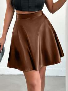 EURMUSE Women's Solid Color High Waist PU Leather A-Line Skirt - Brown - View 3