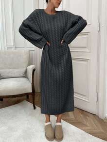 Women Cable Knitting Maxi Sweater Dress - Dark Grey - View 8