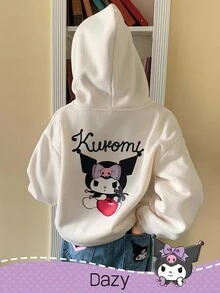 DAZY HELLO KITTY AND FRIENDS | SHEIN 少女卡通字母图案拉链连帽抓绒卫衣，冬季 - 米色 - 查看 1