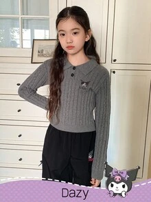 DAZY HELLO KITTY AND FRIENDS | SHEIN 少女卡通刺绣麻花针织圆领毛衣 - 灰色 - 查看 4