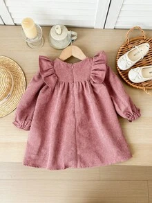 SHEIN Baby Girl Cute Corduroy Loose Ruffled Hem Pink Long Sleeve Dress Fall Winter - Pink - View 2