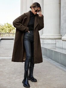 Siren Gaze 女士休闲宽松长袖夹克，秋冬保暖 - 咖啡棕 - 查看 6