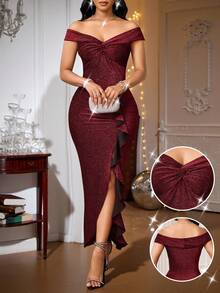 SHEIN Lady Red Slim Dress With High Slit Ruffles And Twisted Knot, Slimming And Shiny Fabric, Suitable For Elegant Parties And Dinners - Burgundy - View 1