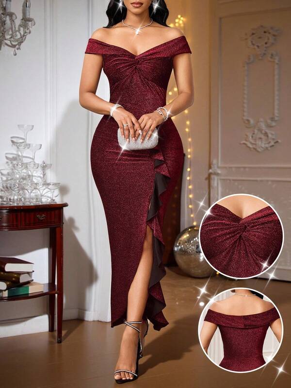 SHEIN Lady Red Slim Dress With High Slit Ruffles And Twisted Knot, Slimming And Shiny Fabric, Suitable For Elegant Parties And Dinners