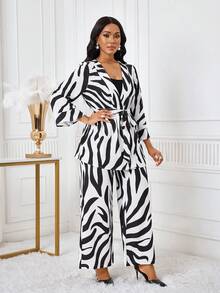 SHEIN Lady 女士时尚休闲斑马纹上衣和裤子两件套 - 黑與白 - 查看 7