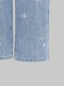 SHEIN Tween Girls Y2K 风格中蓝色复古阔腿牛仔裤，带水钻蝴蝶装饰，适合所有季节的时尚休闲牛仔裤