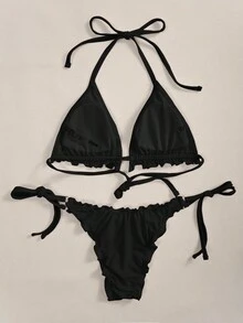 SHEIN Swim Summer Beach Frill Trim Triangle Tie Side Bikini Set - Black - View 5