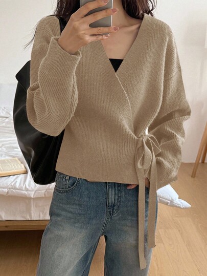 Dazy-Less Cardigan tricoté à nouer en couleur unie, décontracté, pour l'automne/hiver pour femmes