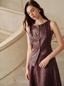 SHEIN Unity 现代复古纹理 PU 女士两件套，适合秋季、夏季、优雅、别致、新年、休闲、圣诞节 - 酒紅色 - 查看 3