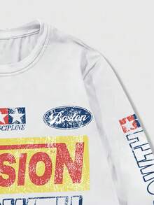 ROMWE MEN Street Life Men's Jersey Racing Print Pattern Lightweight T-Shirt, Suitable For Casual Spring And Summer, Fall, Long Sleeve Top - White - View 4