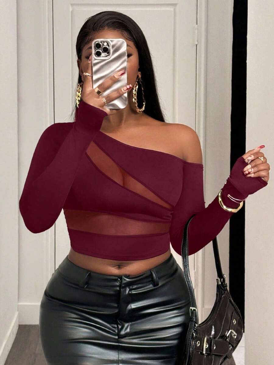 BamGleam Black Off-Shoulder Patchwork Long-Sleeved Sexy T-Shirt In English - Burgundy - View 1