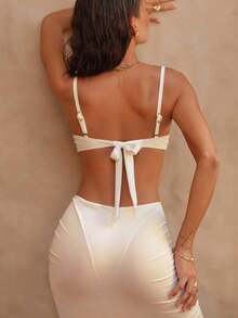 Swim Oasis 女士纯色细肩带米色装饰钢圈后系带三角泳裤可调节侧褶向日葵装饰三件套泳衣套装 - 白色 - 查看 3