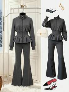 GlowEve 2pcs Women Solid Color Fashion Stand Collar Elegant Cinched Waist Outfits Set, Christmas