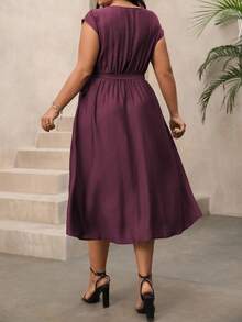 Vionelle 大码女式春夏单竹针织优雅亚麻度假沙滩裙，欧美风格休闲派对圆领荷叶边肩部系带蝴蝶结，弹力宽松蝙蝠袖长裙 - 紫紅色 - 查看 2