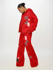 SUMWON WOMEN Varsity Badge Sweatshirt Zip Up Hoodie Patchwork Applique Jersey Numbers Letter Patches Casual Streetwear Fall Winter Loungewear - Red - View 5