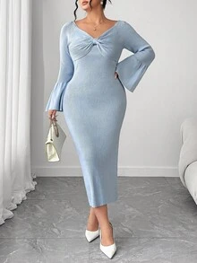 Elenzga Plus Size Women's Solid Color Bow Decor Raglan Flare Sleeve Fitted Elegant Knit Dress, Autumn - Blue - View 4