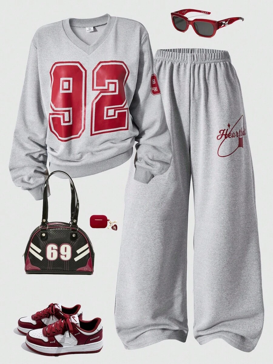 SHEIN ChillGRL 少女休闲学院风数字图案 V 领落肩短袖阔腿裤两件套 - 灰色 - 查看 1