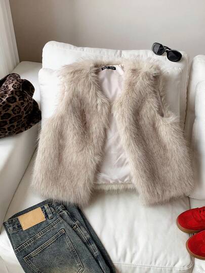 Tween Girl Solid Color Fuzzy Open Front Fashion Vest Jacket Fall Winter