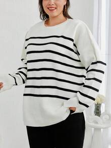 EURMUSE Suéter de talla grande con patrón de rayas y hombros caídos, para invierno - Blanco y Negro - Ver 5