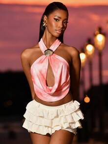 Mima John 女士性感优雅交叉露背扎染印花十字交叉无袖衬衫 - 彩色 - 查看 3